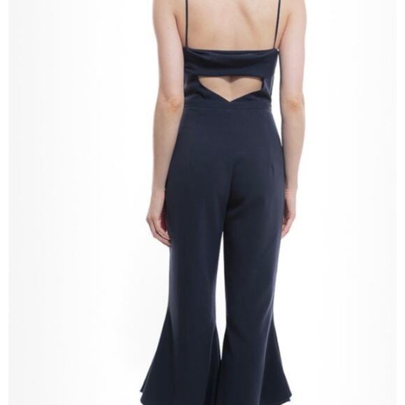 Likely Jumpsuit Women Size 4 Pasha Cropped Ruffle Flare Leg Spaghetti Strap Navy - Picture 2 of 14